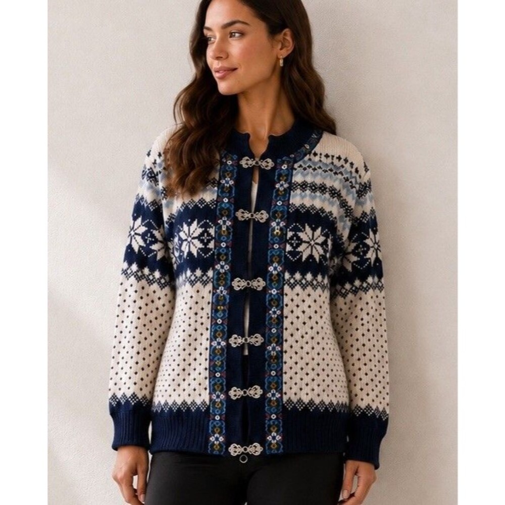 Nordstrikk Norway Blue Ivory Fair Isle Cardigan Sweater Metal Clasp Women S EVC